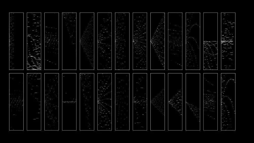 Twenty-six gens in two rows: tall black frames with thin white borders, each holding a different scatter of short white dashes. Some form chevrons and fans that open from one edge, some trace arcs, one collapses into a single horizontal line.