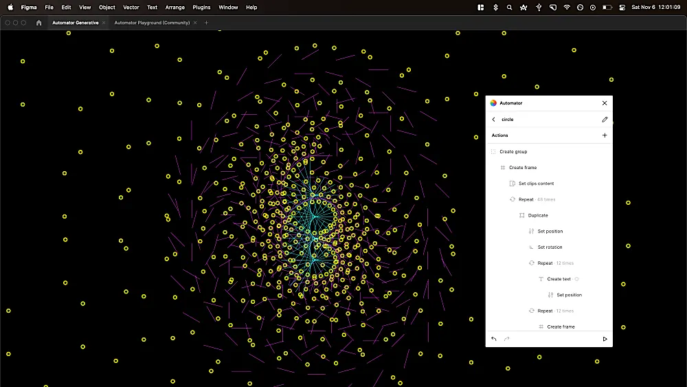 A Figma window with the Automator panel open beside the canvas. The canvas shows a dense spiral of yellow rings and magenta strokes around a cyan starburst. The panel lists the actions: create group, create frame, set clips content, repeat 48 times, duplicate, set position, set rotation, repeat 12 times, create text, set position, repeat 12 times, create frame.