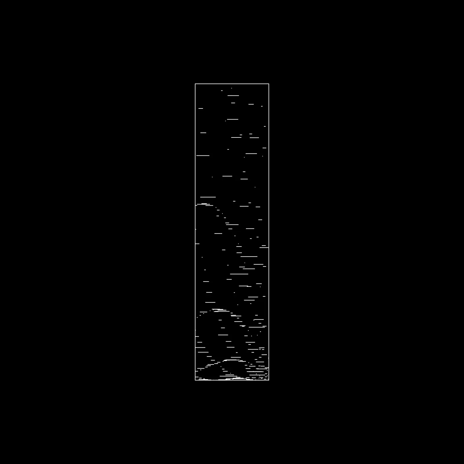 A single gen: short horizontal dashes scattered thinly at the top, crowding into overlapping arcs at the bottom of the frame.